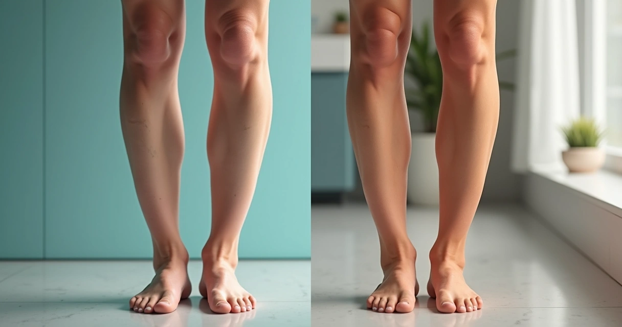 Antes e depois das pernas tratadas com ATTA, mostrando sumiço de varizes, pele lisa e aparência natural 