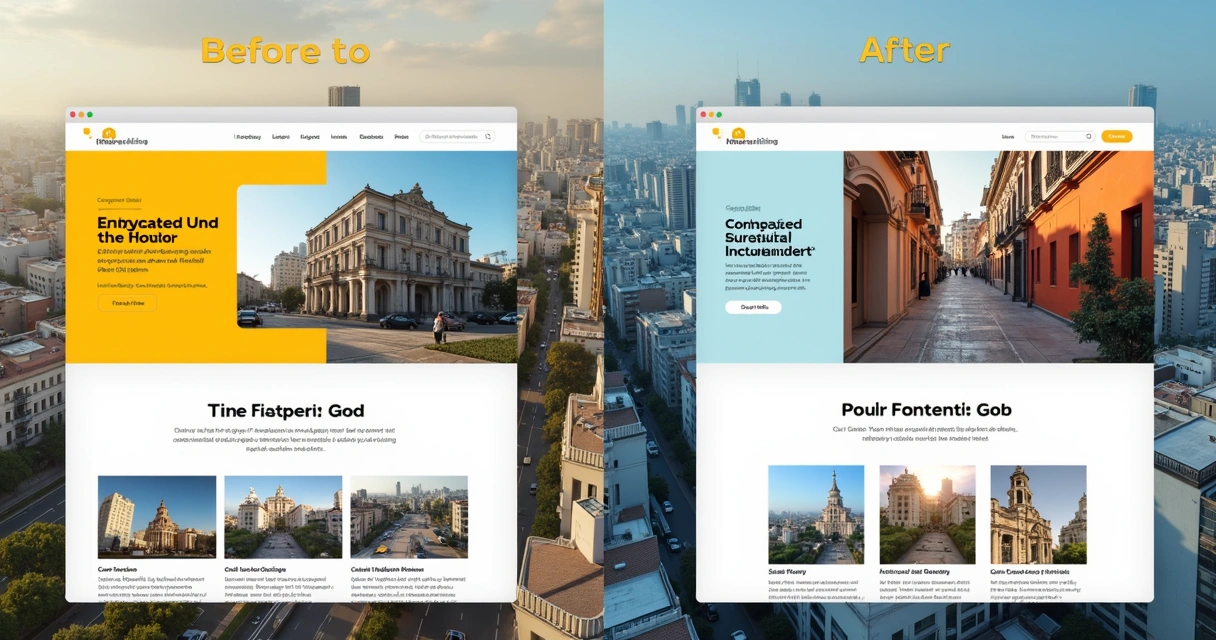 Comparativo de site antigo e site moderno após redesign visual 