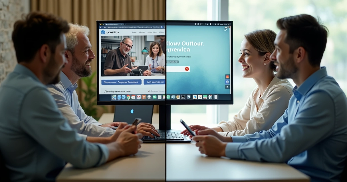 Comparativo lado a lado: site antigo e site novo e moderno. 