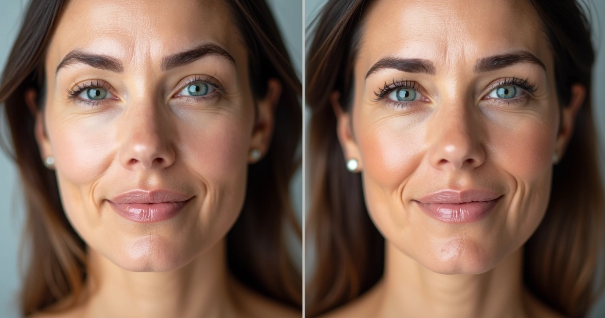 Comparativo antes e depois do rejuvenescimento facial de uma paciente, aparência natural. 