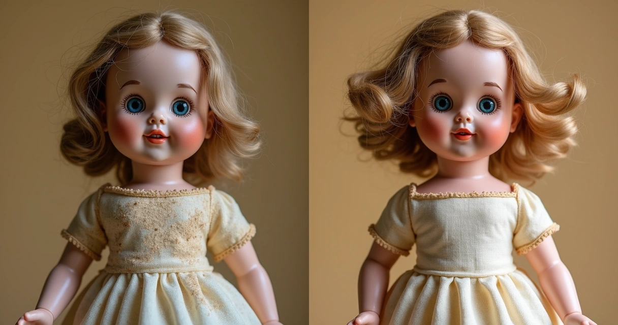 Registro fotográfico antes e depois da restauração de boneca