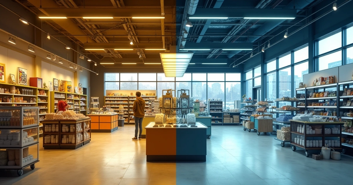 Comparação antes e depois do retrofit de loja com ambientes modernos e antigos lado a lado 