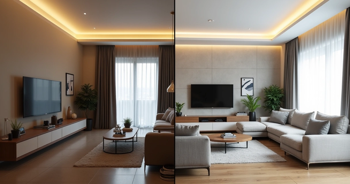 Sala de apartamento em Contagem dividida ao meio mostrando antes e depois da reforma de design de interiores 