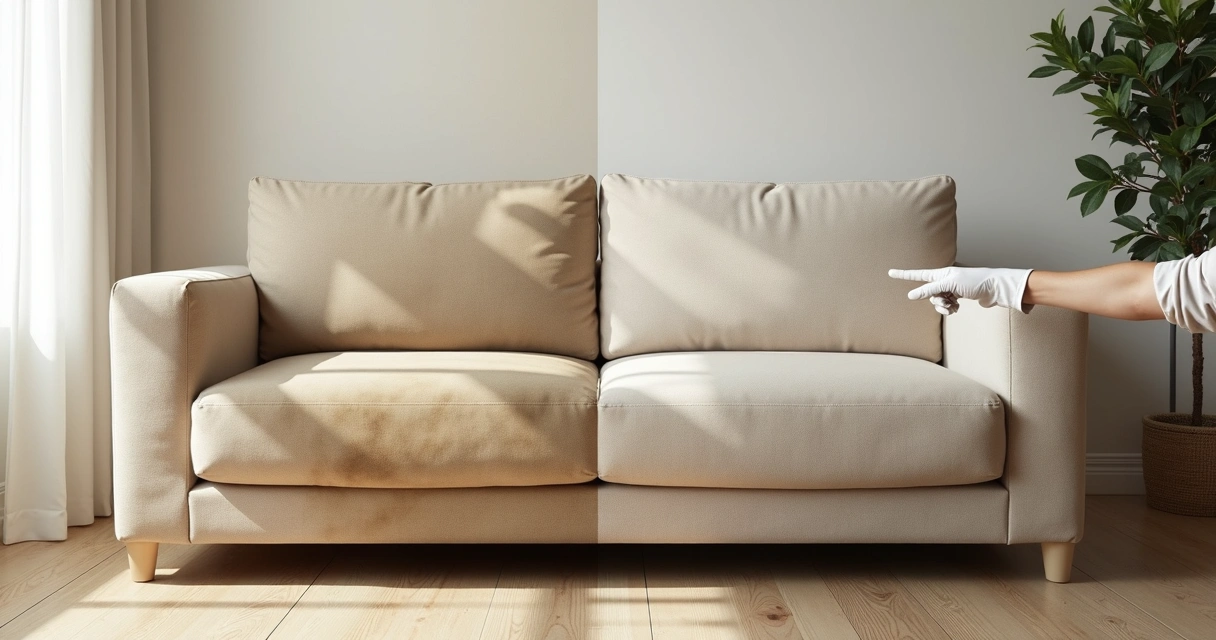 Comparativo antes e depois da limpeza mostrando um sofá dividido ao meio, uma metade suja e outra limpa