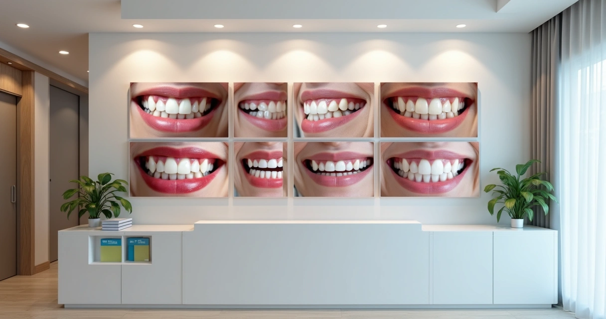 Painel com fotos de antes e depois de sorrisos com implantes dentários 