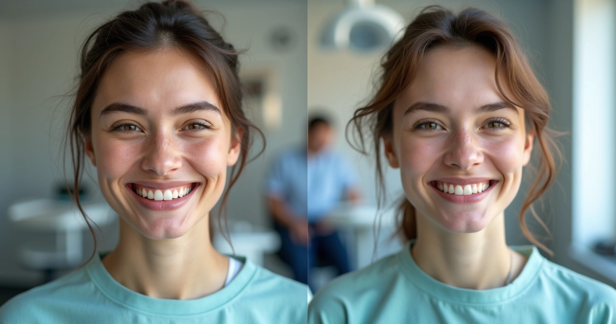 Paciente sorrindo mostrando antes e depois do tratamento odontológico 