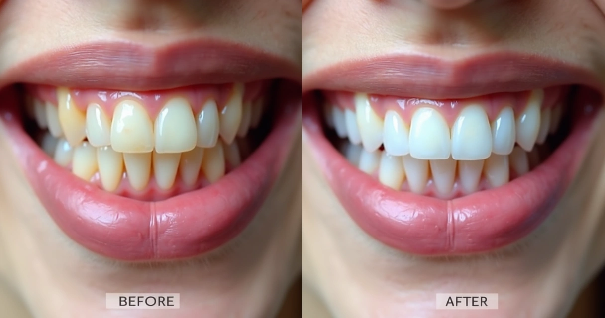 Comparação de antes e depois de um sorriso após tratamento dentário 