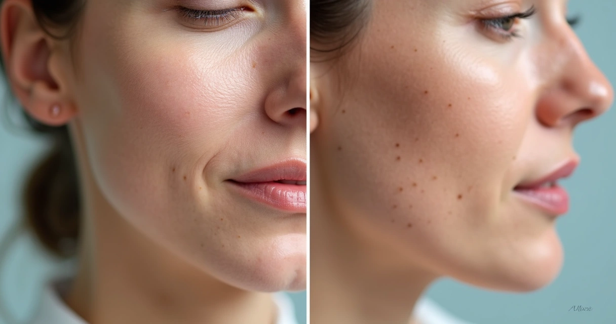 Comparativo antes e depois de tratamento facial, mostrando pele mais hidratada e firmeza sutil 