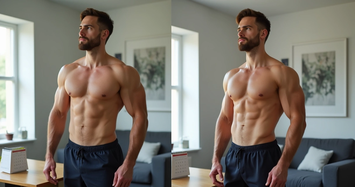 Antes e depois do progresso de treino de musculação, homem registrando evolução com fotos