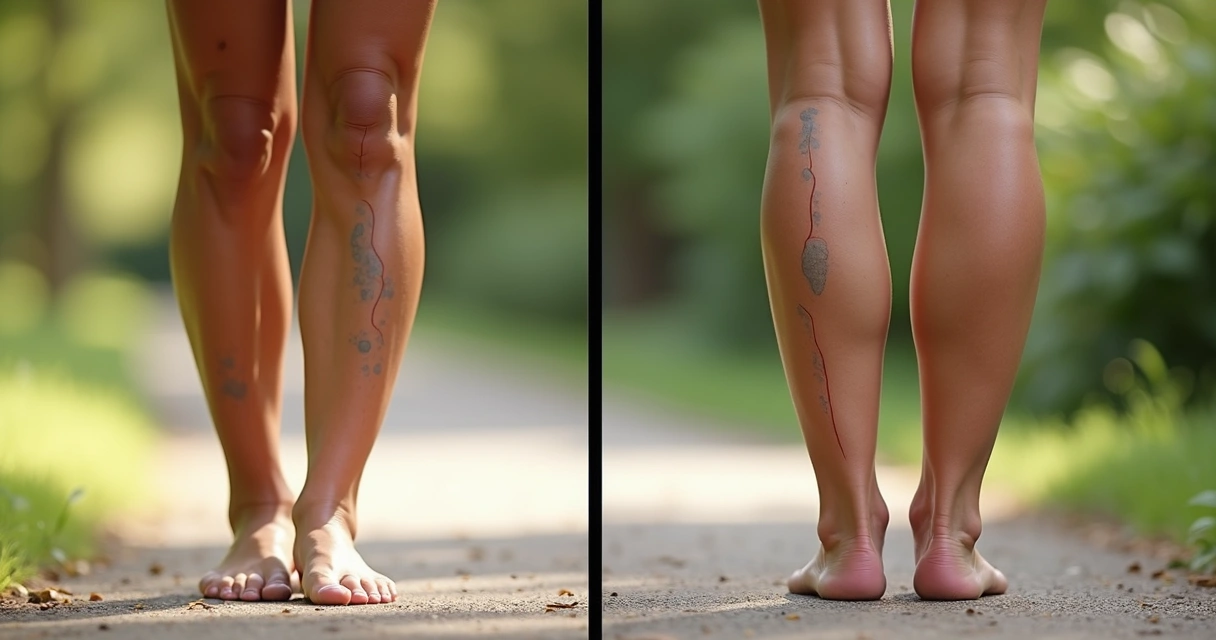 Comparativo antes e depois de tratamento de varizes nas pernas