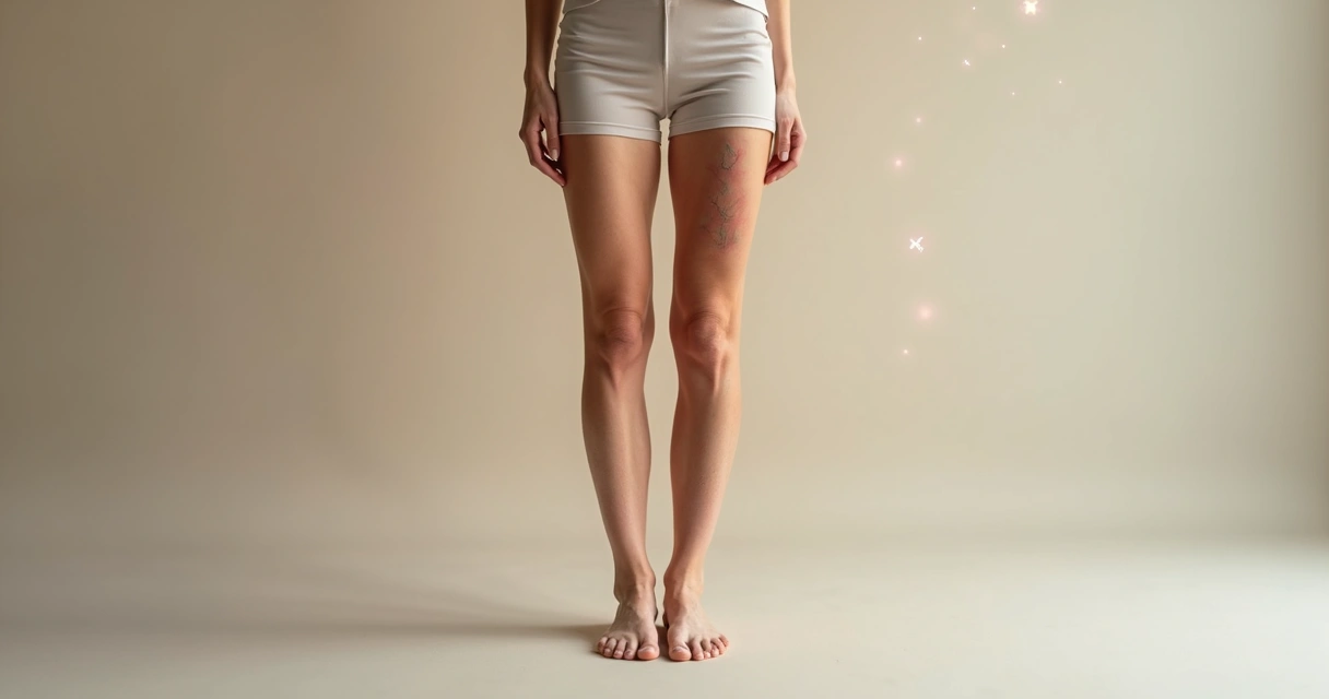 Comparação em metade antes e depois de tratamento moderno para varizes nas pernas femininas 