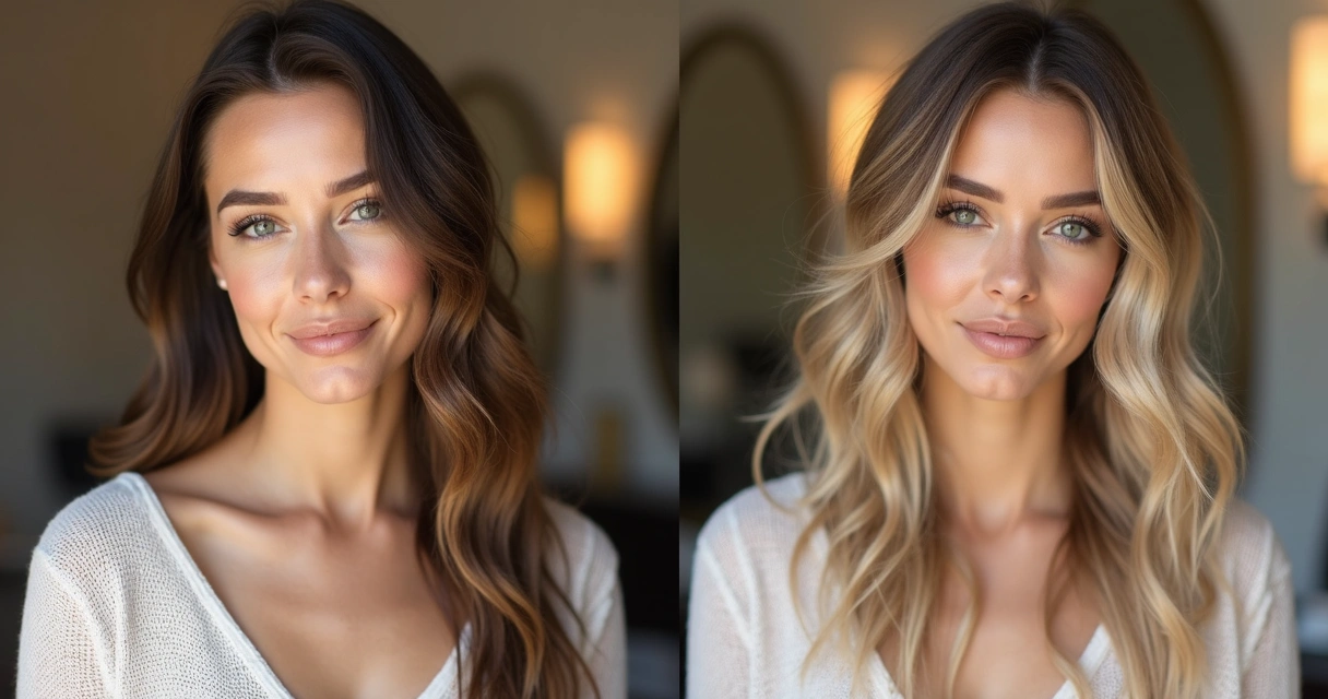 Montagem mostrando antes e depois de cliente após técnica de visagismo 