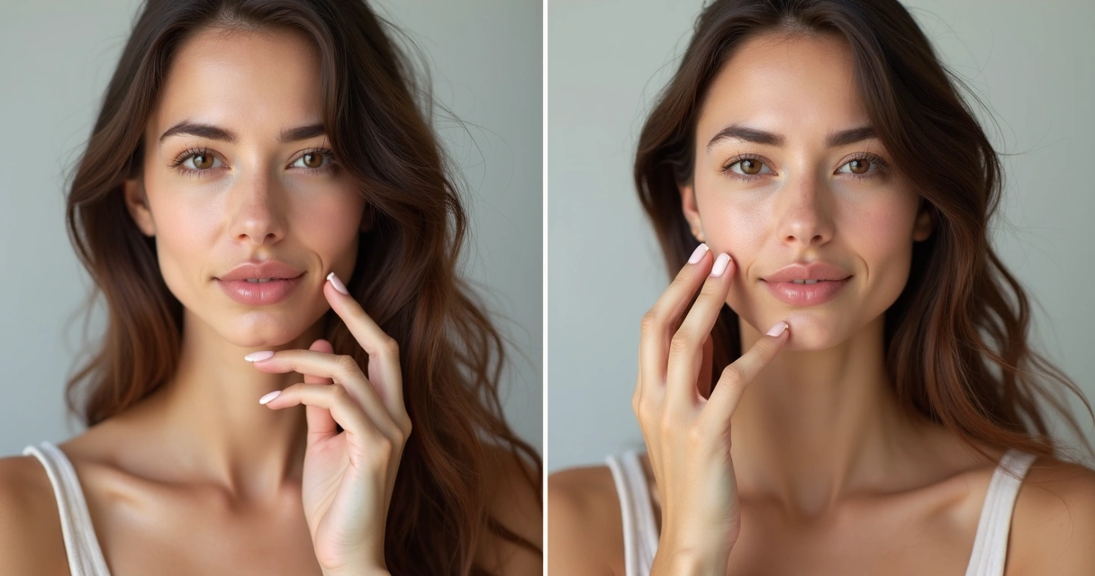 Comparação de antes e depois do uso de vitaminas no cabelo e pele 