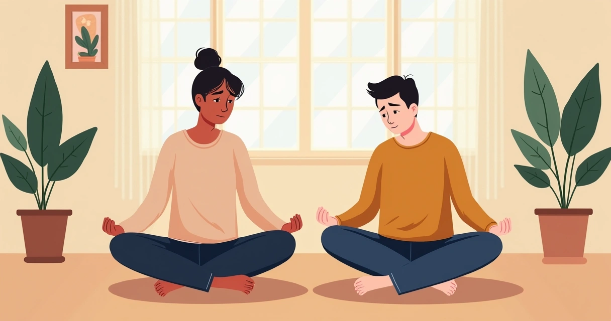 Duas cenas mostrando pessoa inquieta antes e calma após meditar.