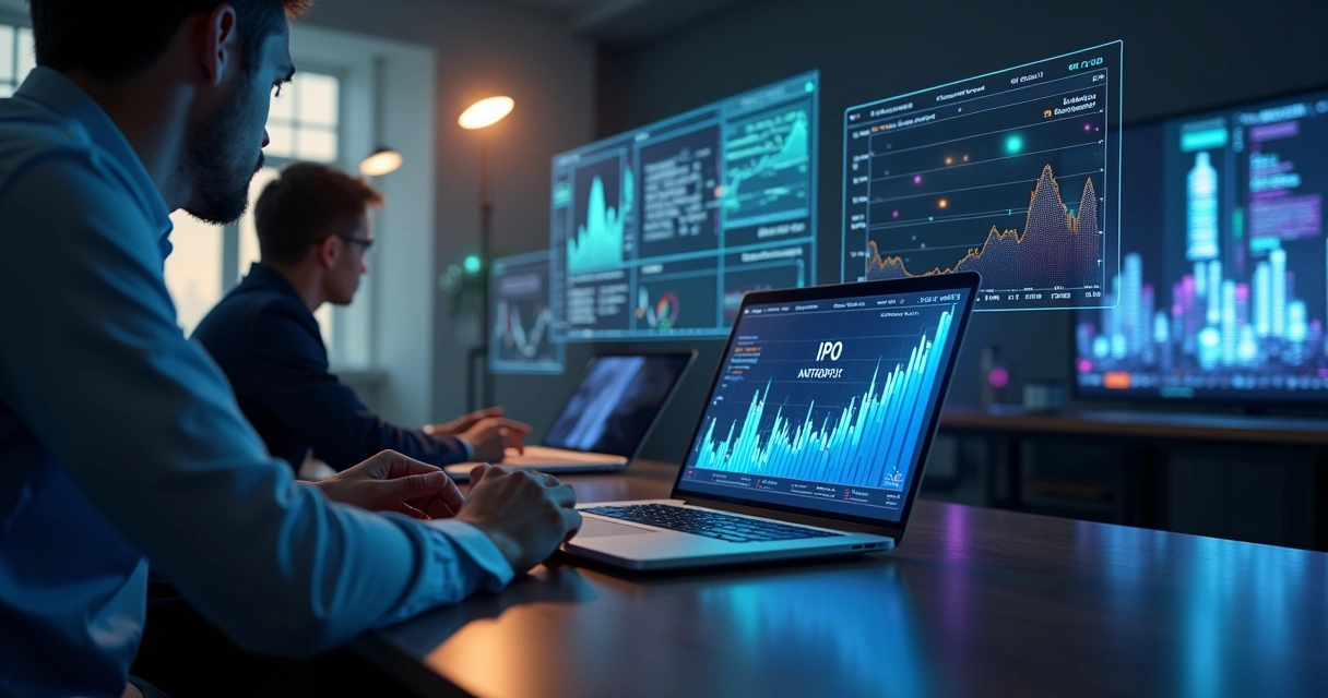 Tela com gráfico de IPO e assistente de IA entrevistando profissional 