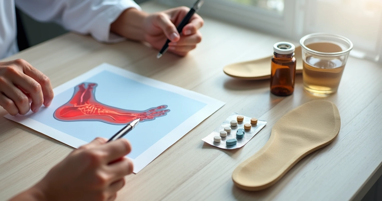 Mesa de madeira com remédios, raio X do pé e palmilha ilustrando opções para fascite plantar 