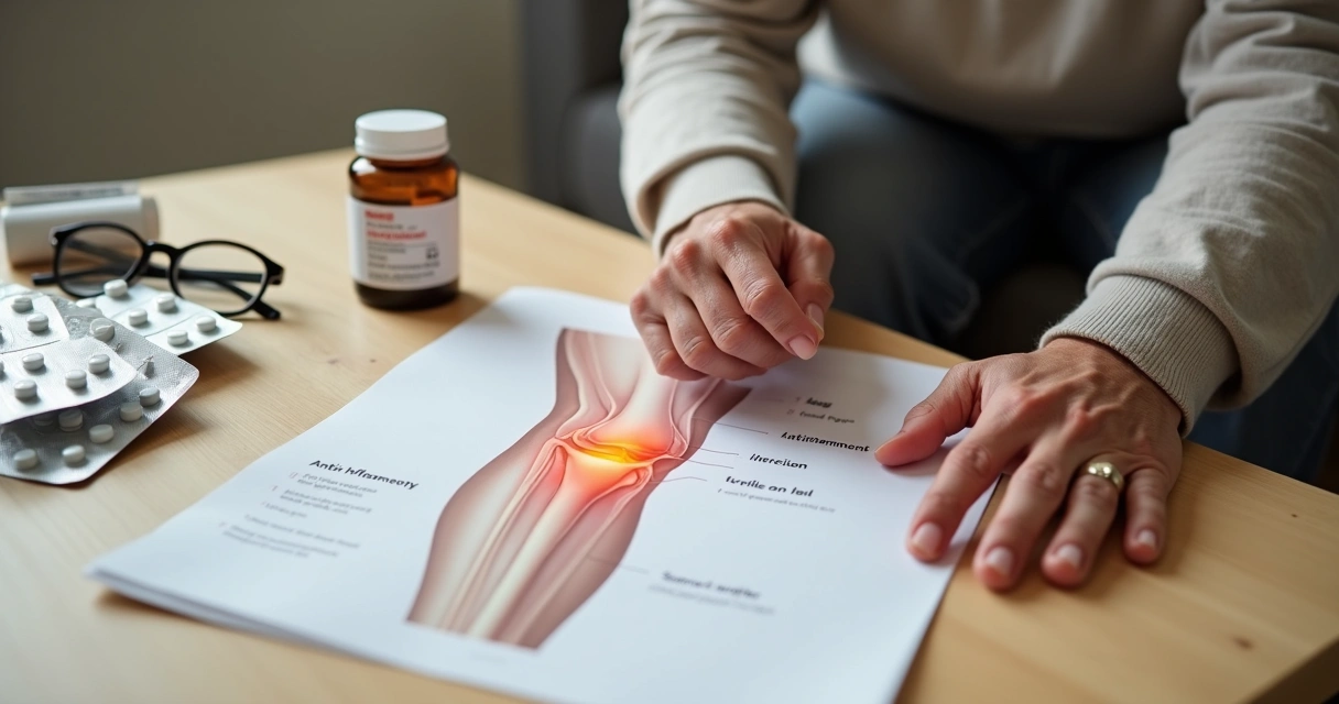 Pessoa madura avaliando comprimidos de anti-inflamatório ao lado de ilustração de joelho na mesa 