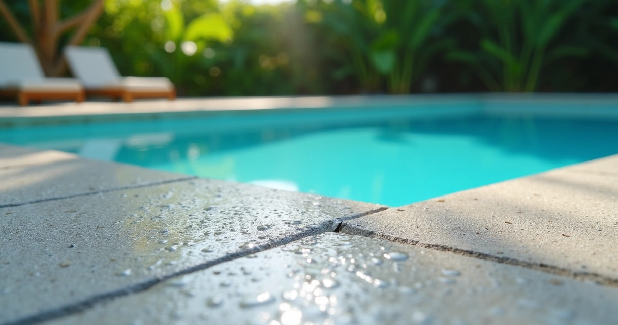 Close-up of a textured poolside patio surface with blue water nearby 