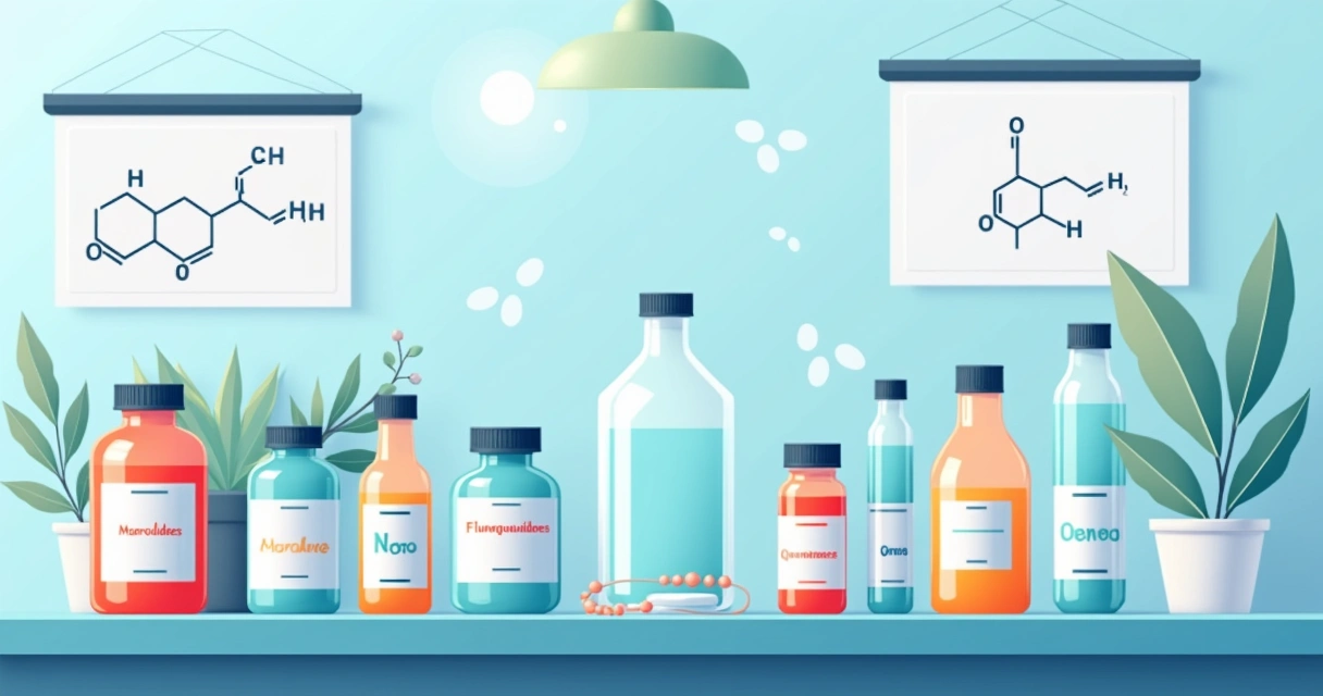 Macrolídeos versus fluoroquinolonas no tratamento da pneumonia por Legionella 1 Desenho de frascos de antibióticos em um laboratório