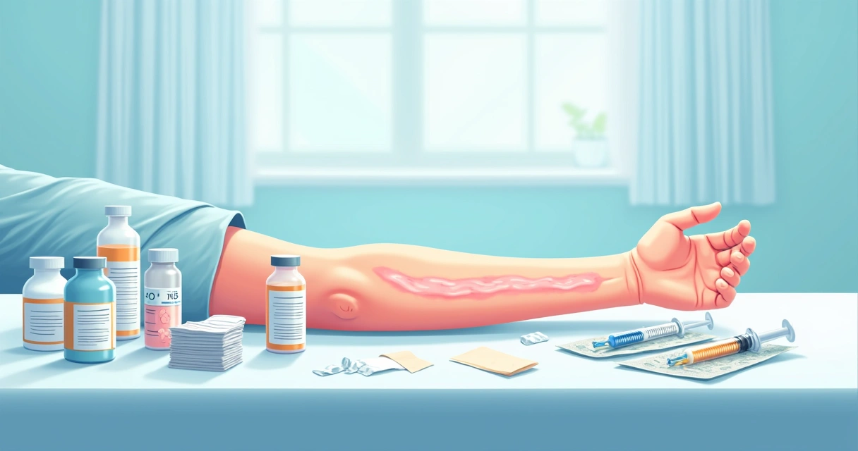 Drenagem e terapia antimicrobiana de abscessos cutâneos 1 Diversos frascos de antibióticos ao lado de seringas e insumos em fundo claro