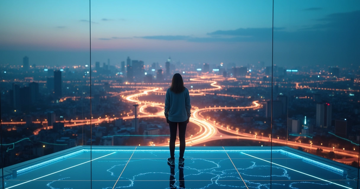 Persona observa caminos entramados mientras ondas de color surgen de su pecho hacia el futuro 