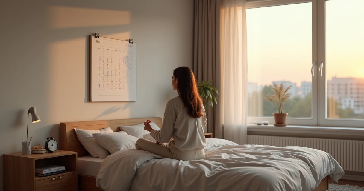 Person looking at a wall calendar with gentle sunrise outside a window 