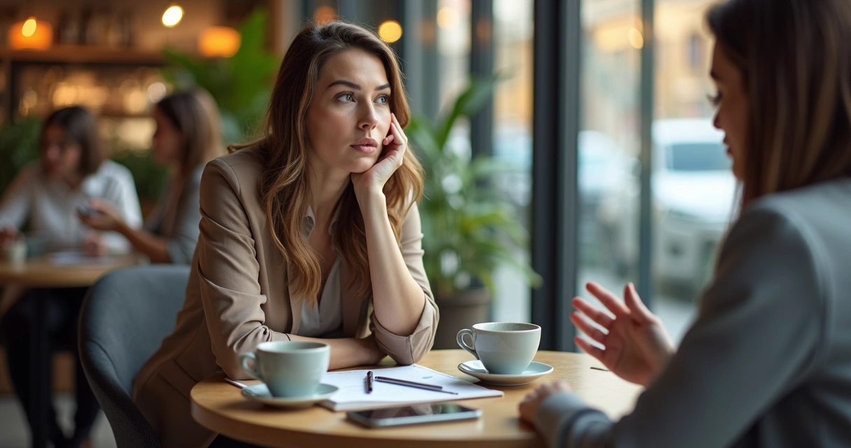 Professional woman pausing thoughtfully during a conversation in a busy café 
