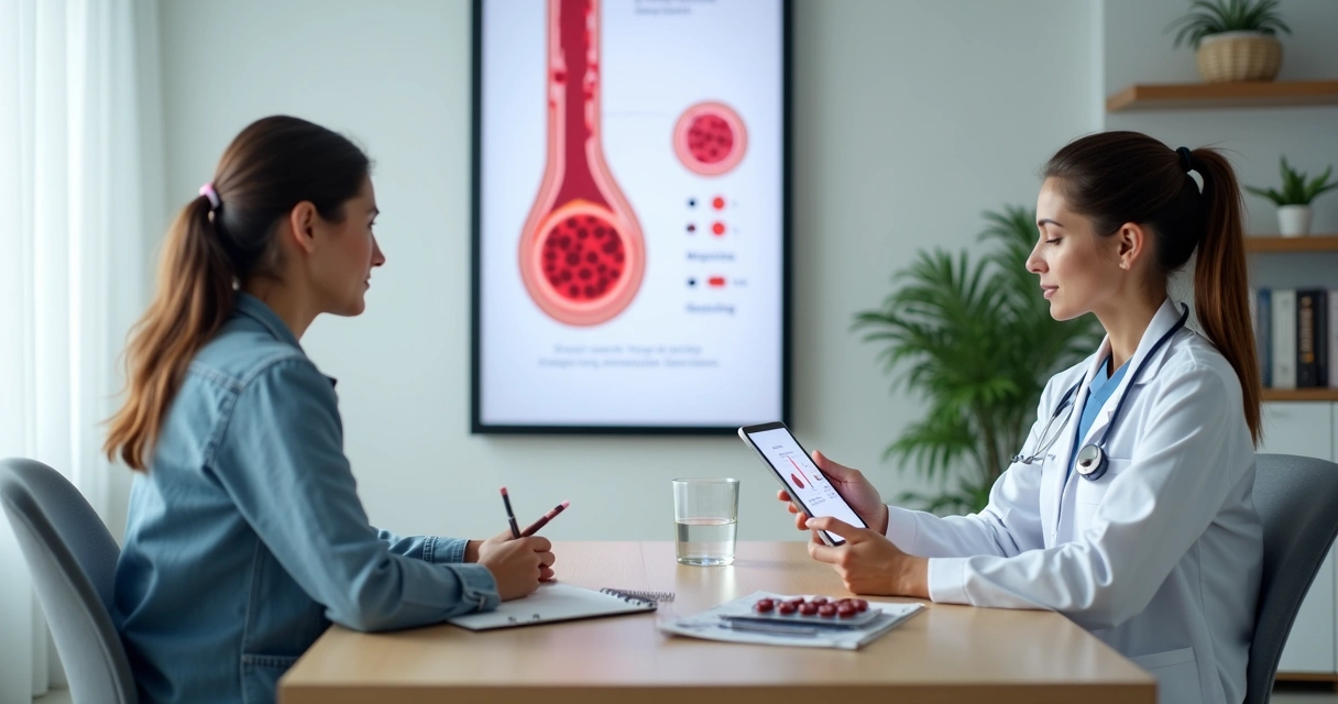 Médica vascular explicando anticoagulantes e riscos de sangramento usando painel com ilustrações do sangue 