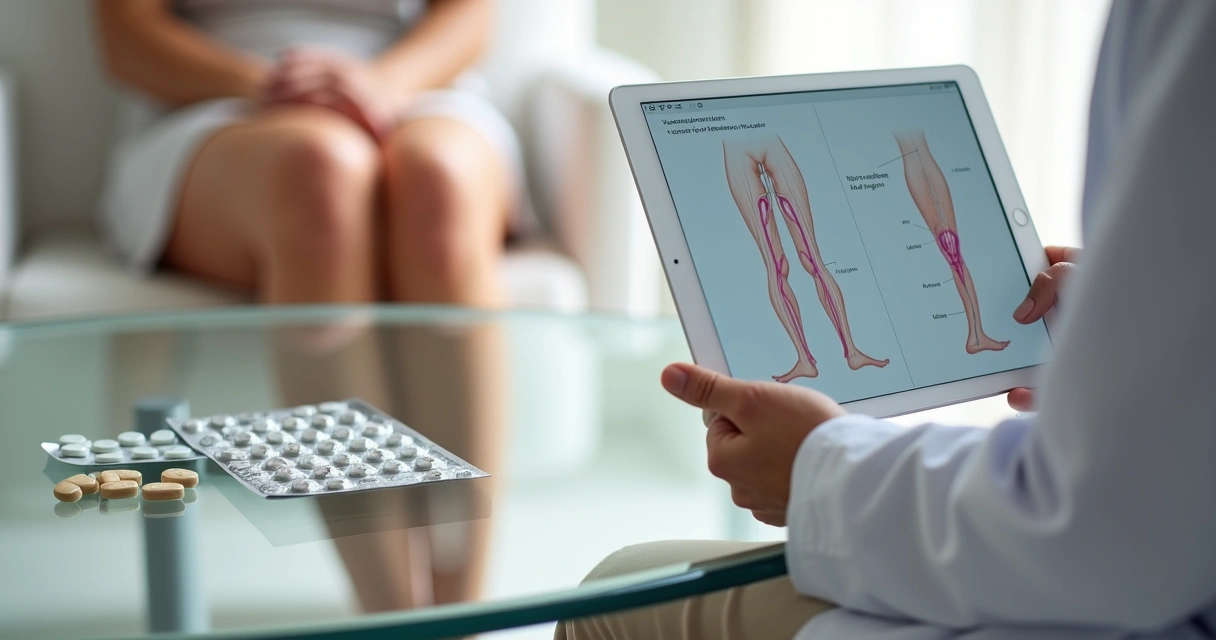 Comparação de pernas femininas com e sem varizes ao lado de cartela de anticoncepcionais 