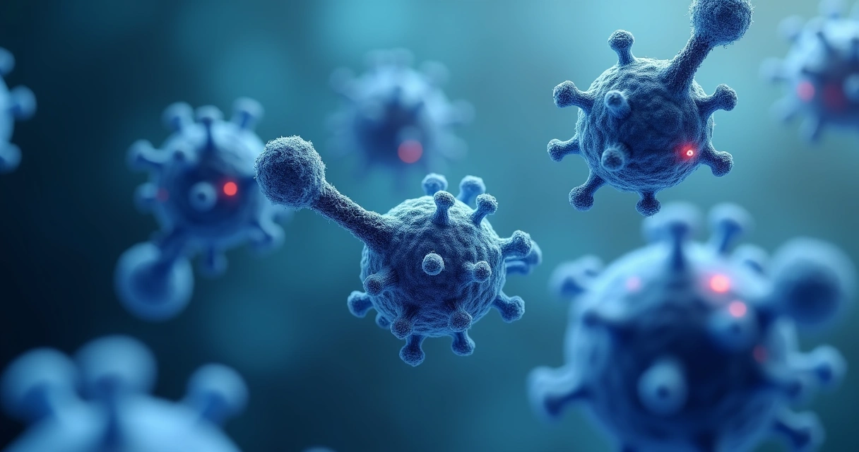 Visualização artística de anticorpos monoclonais se ligando a células cancerosas 