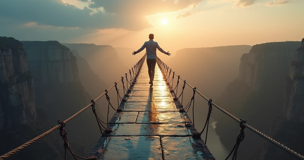 Pessoa caminhando confiante em ponte frágil que se fortalece a cada passo 