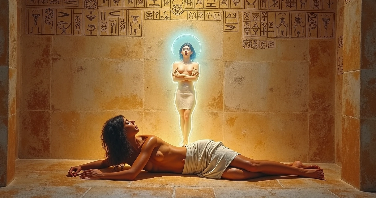 Pintura egípcia mostrando figura em saída do corpo