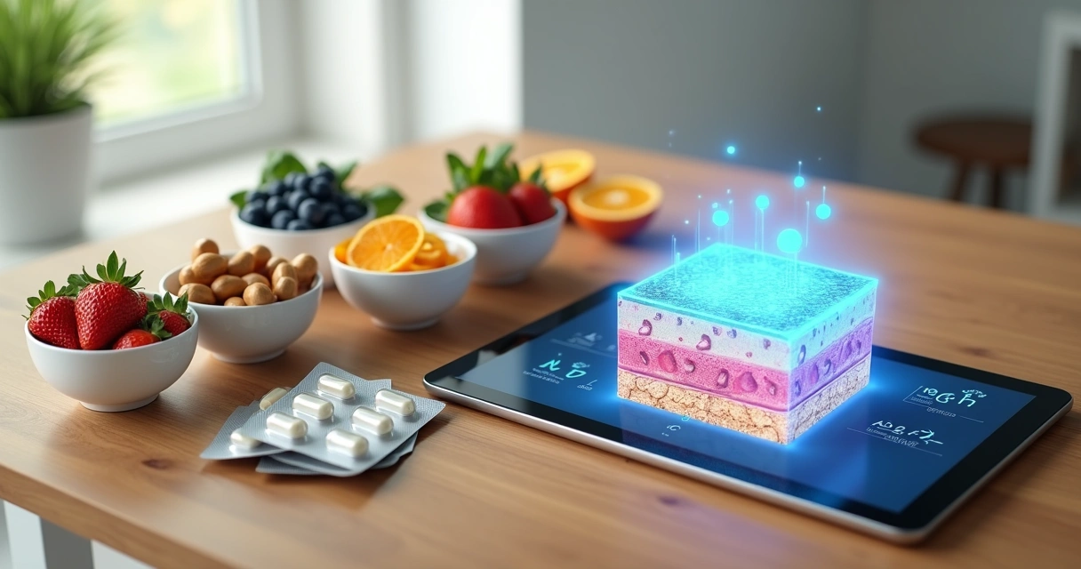 Mesa com cápsulas antioxidantes e frutas ao lado de lâmina mostrando melanócitos da pele 