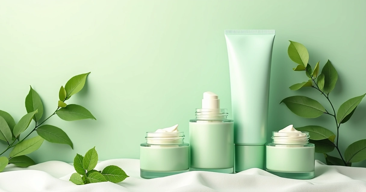 Composição de frascos de cosméticos abertos com líquidos coloridos e folhas verdes entre eles 