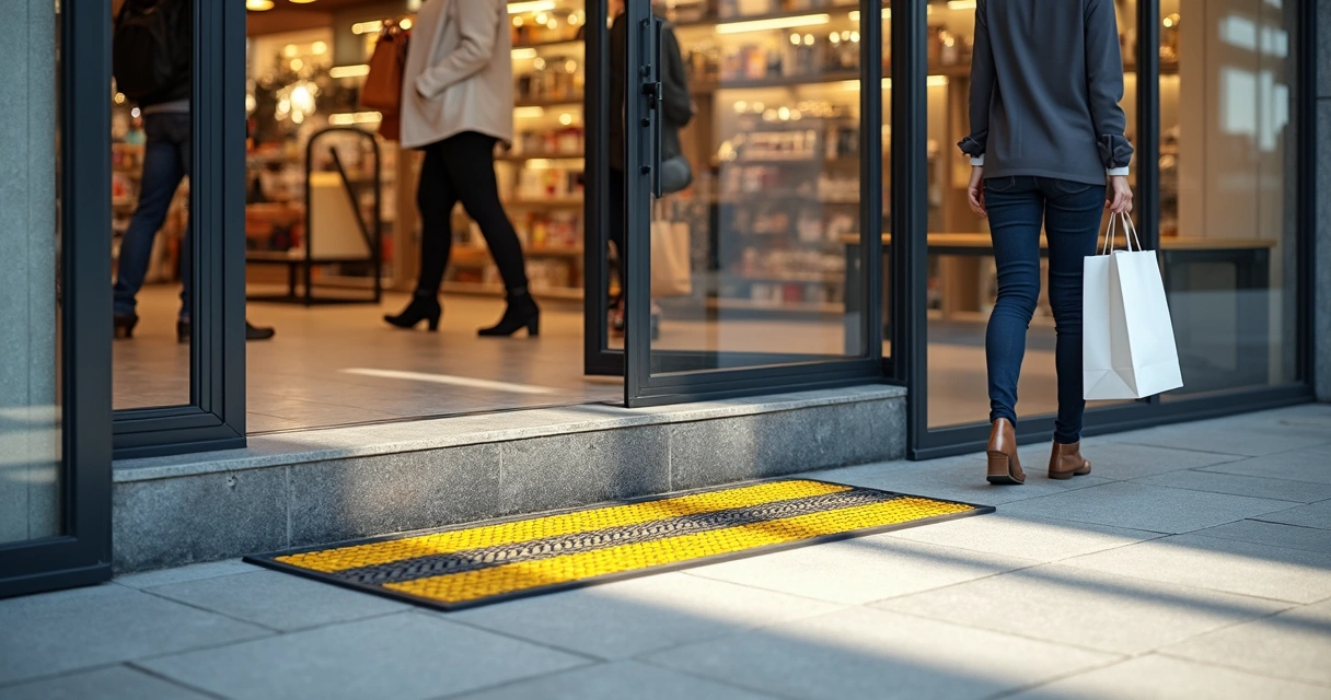 Shopping entrance step with yellow anti-slip treads and glass doors 
