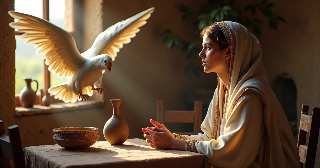 Anjo se aproximando de Maria em uma casa simples, luz suave entrando pela janela 