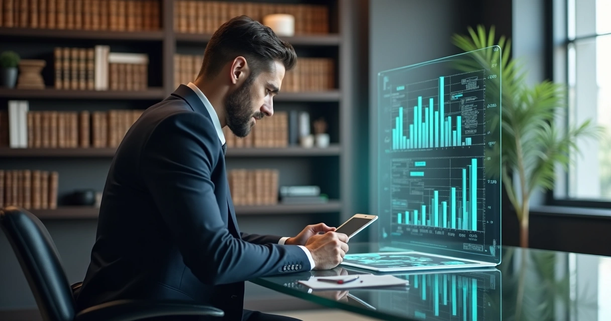 Advogado usando tablet com gráficos de campanha digital em escritório moderno