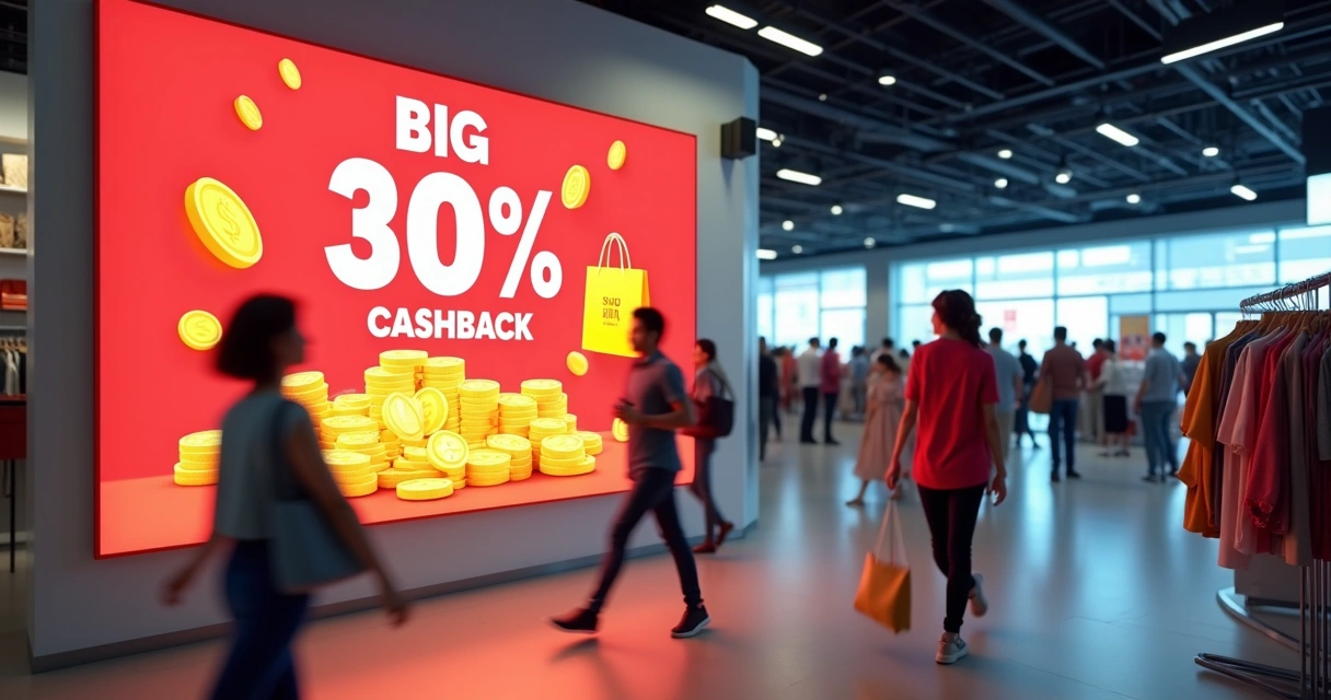 Cartel colorido anunciando campaña de cashback en tienda de ropa