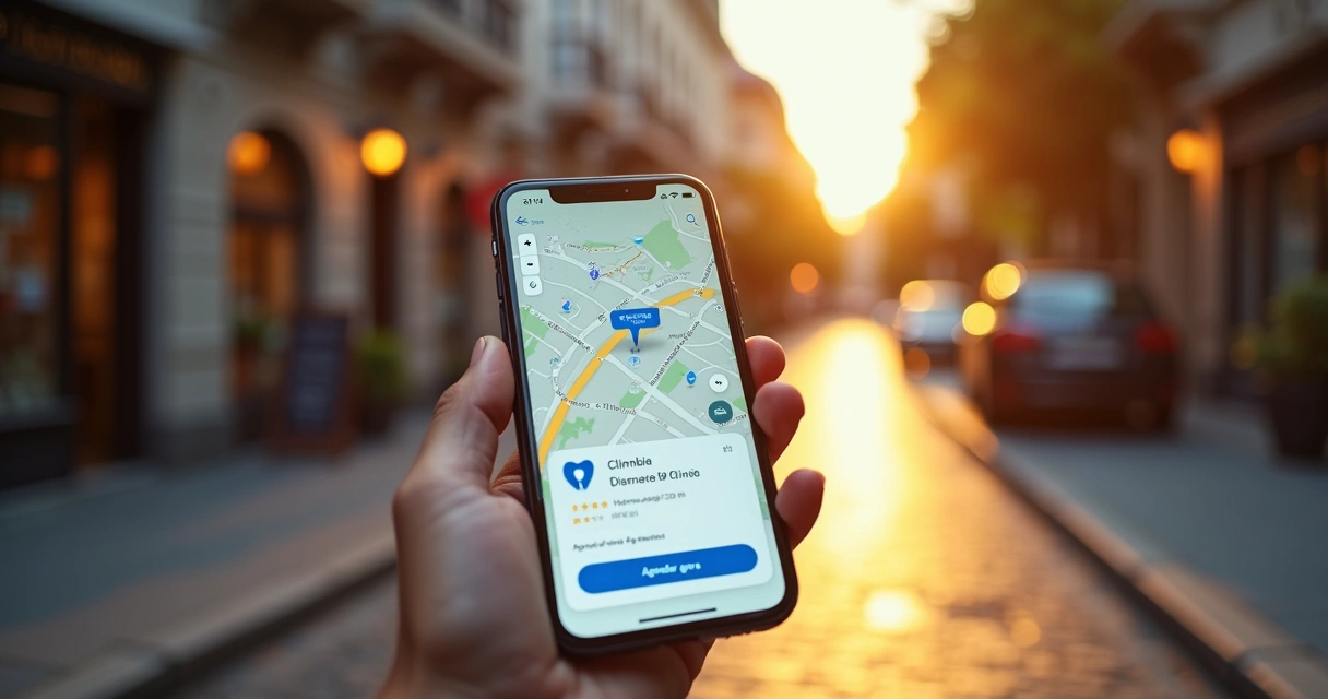 Pessoa em calçada usando smartphone vendo anúncio de clínica odontológica perto 