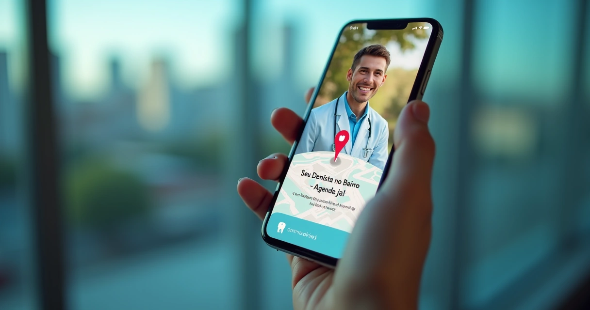 Anúncio de dentista em celular com mapa do bairro