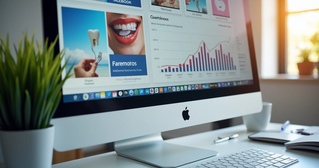 Painel digital com anúncios odontológicos e gráficos de resultados 