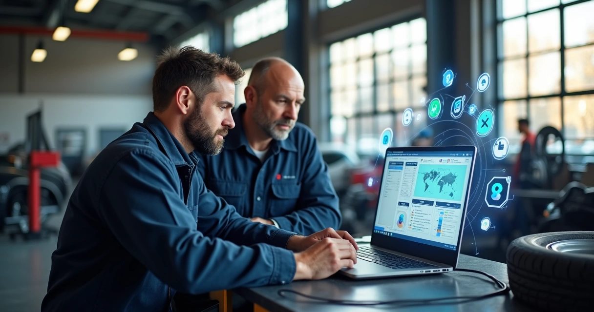 Mecânico e gestor de autocenter analisam gráficos digitais de anúncios pagos em um notebook 