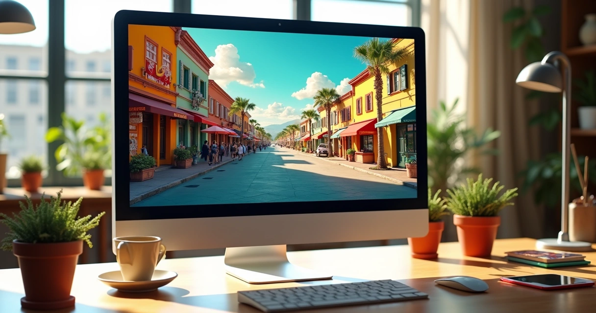 Anúncio digital colorido sobre bairro em tela de computador 