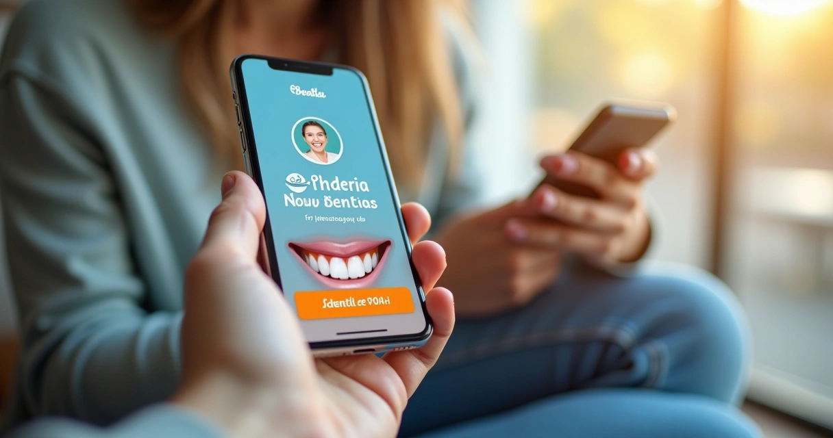 Anúncio digital de clínica odontológica exibido em smartphone com botão para agendar 