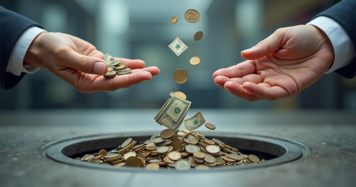 Mãos jogando dinheiro em um ralo, com símbolos de redes sociais ao fundo 