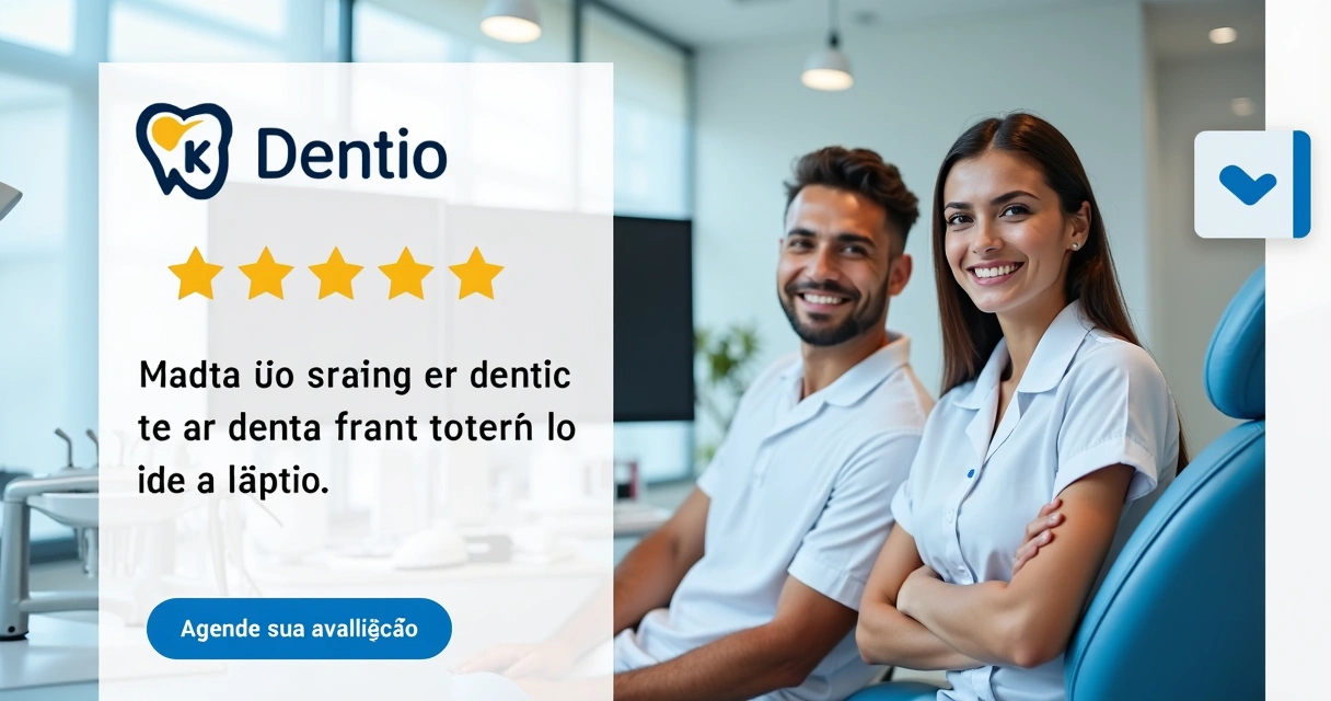 Imagem de anúncio de clínica odontológica com equipe sorridente e paciente feliz