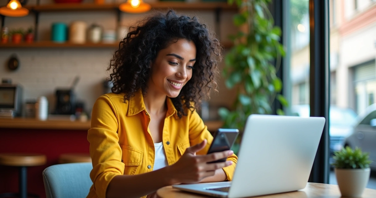 Mulher empreendedora gerenciando anúncio no Facebook via celular