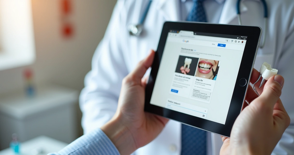 Exemplo de anúncio de Google Ads para implantes dentários na tela do tablet 