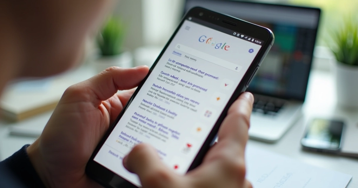 Pessoa segurando smartphone navegando em busca com anúncios destacados no topo 
