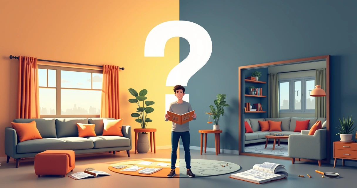 Ilustração mostrando um anúncio imobiliário enganoso, com contraste entre imagem idealizada e a realidade.